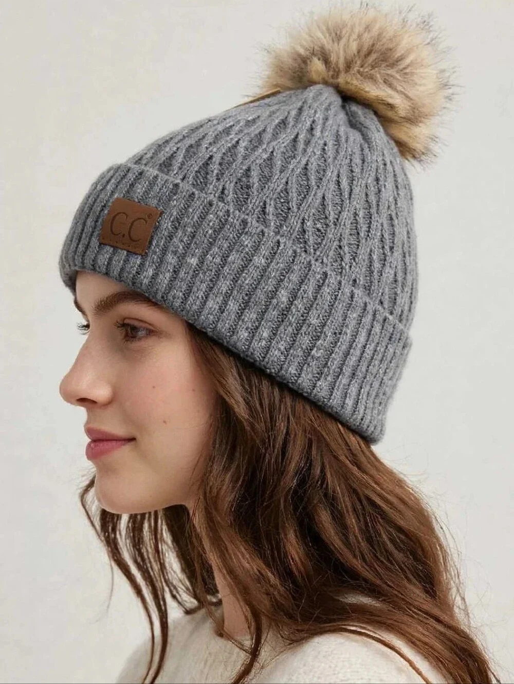 C.C Women's Cable Knit Beanie Hat Gray Faux Fur Pom Pom Winter Warm Skull Cap